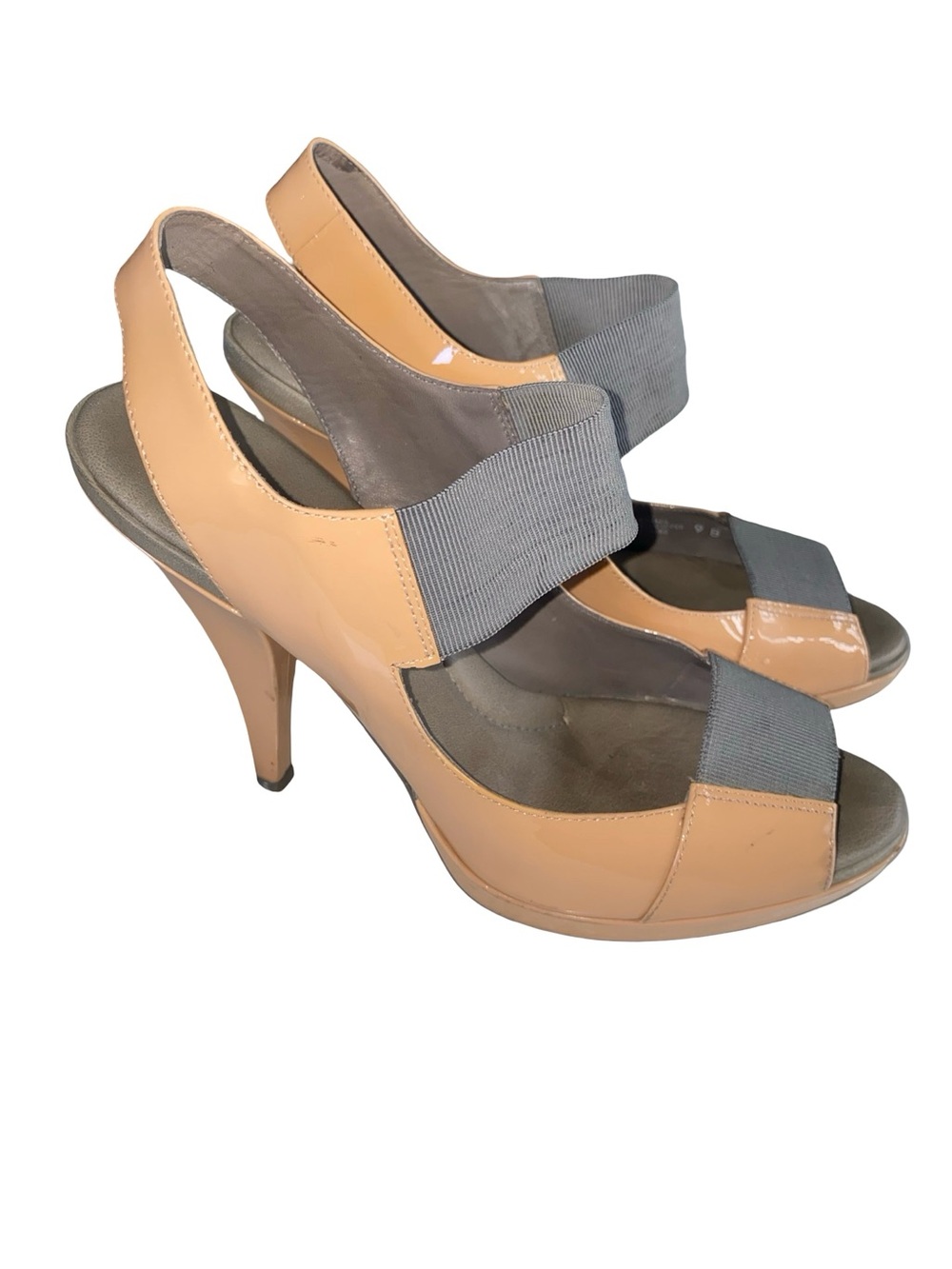 BCBG MaxAzria Patent Leather Elastic Strappy Platform Stiletto Heels Tan Gray 9B